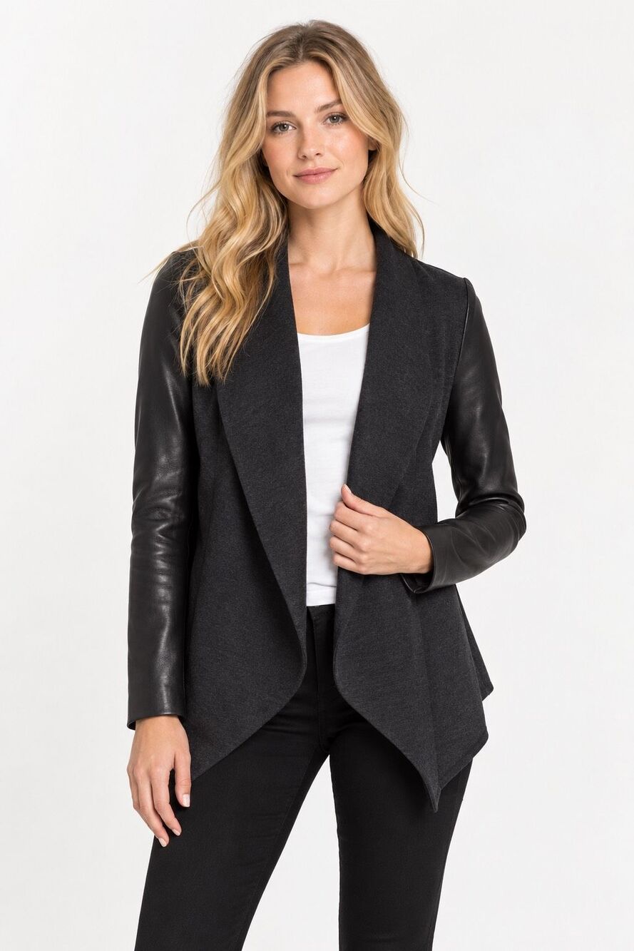Theory Laura Lamb Leather Sleeve Draped Open Front Jacket Gray Black XS